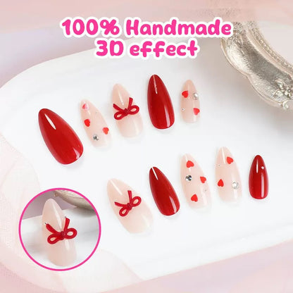 Sweet-Style Valentine’s Day Detachable Press-On Nails with Wine Red Bow Alloy Tie Ribbon Nail Accessory