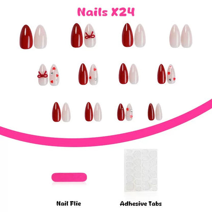 Sweet-Style Valentine’s Day Detachable Press-On Nails with Wine Red Bow Alloy Tie Ribbon Nail Accessory
