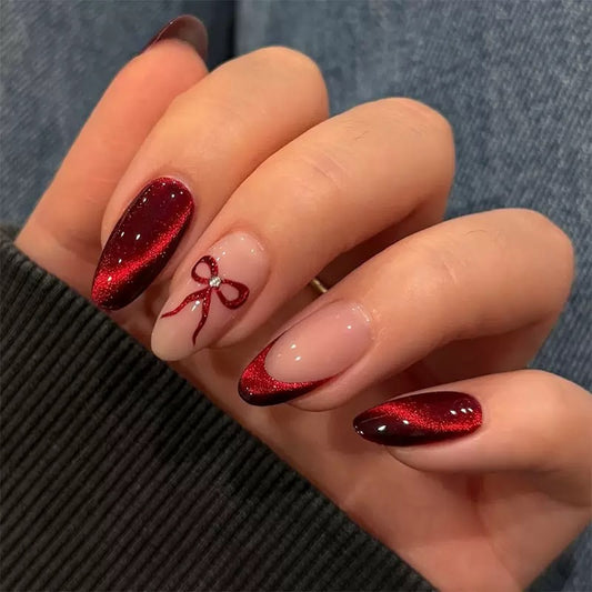 High-Quality Valentine’s Day Almond Detachable Press-On Nails with Red Cat-Eye French Edge & Bow
