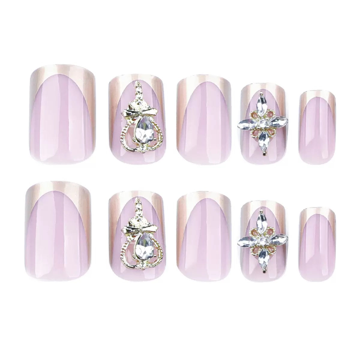 Minimalist French Gold Press-On Nails with Heart and Rhinestone Accents, Short Square Nail Tips