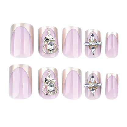 Minimalist French Gold Press-On Nails with Heart and Rhinestone Accents, Short Square Nail Tips