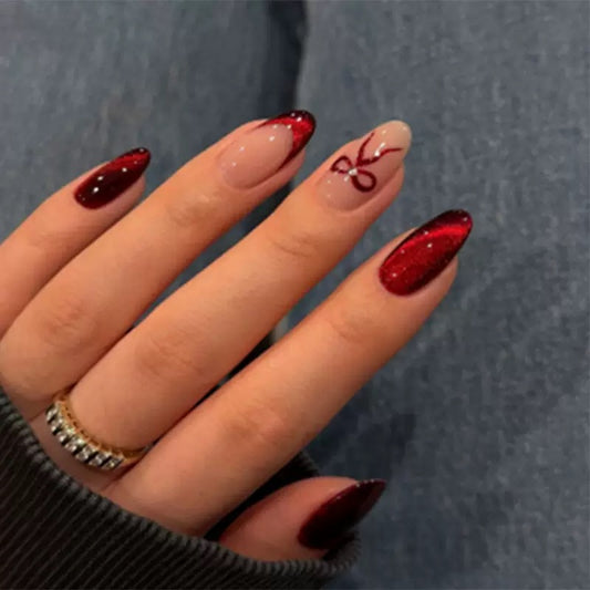 High-Quality Valentine’s Day Almond Detachable Press-On Nails with Red Cat-Eye French Edge & Bow