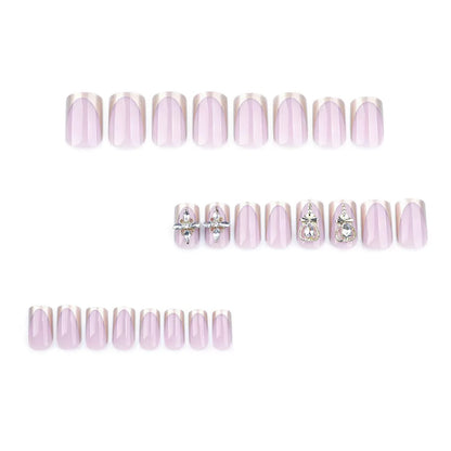 Minimalist French Gold Press-On Nails with Heart and Rhinestone Accents, Short Square Nail Tips
