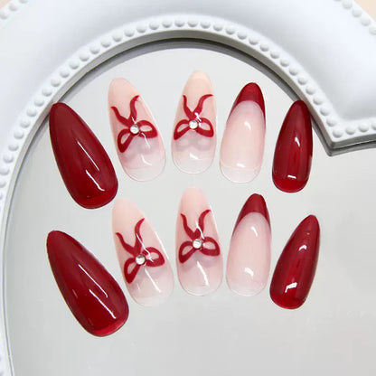 High-Quality Valentine’s Day Almond Detachable Press-On Nails with Red Cat-Eye French Edge & Bow