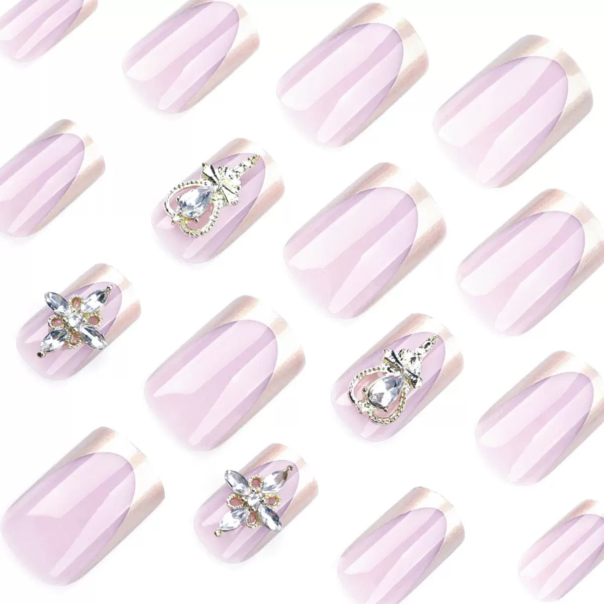 Minimalist French Gold Press-On Nails with Heart and Rhinestone Accents, Short Square Nail Tips
