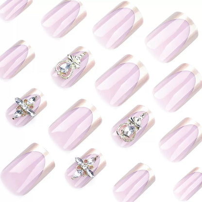 Minimalist French Gold Press-On Nails with Heart and Rhinestone Accents, Short Square Nail Tips