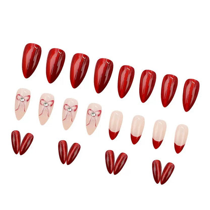 High-Quality Valentine’s Day Almond Detachable Press-On Nails with Red Cat-Eye French Edge & Bow
