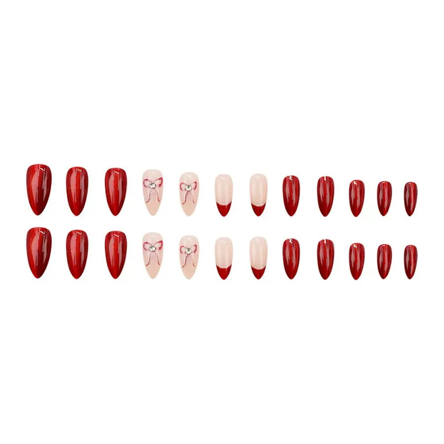 High-Quality Valentine’s Day Almond Detachable Press-On Nails with Red Cat-Eye French Edge & Bow