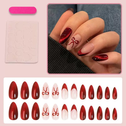 High-Quality Valentine’s Day Almond Detachable Press-On Nails with Red Cat-Eye French Edge & Bow