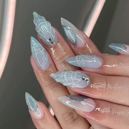 Cool-Tone 3D Waterdrop Shell Almond Nail Tips, Press-On Nails