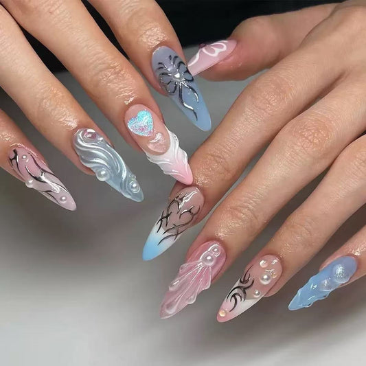 Sweet-Cool Hot Girl Style New 3D Nail Tips with Heart and Bow, Pink Removable Press-On Nails