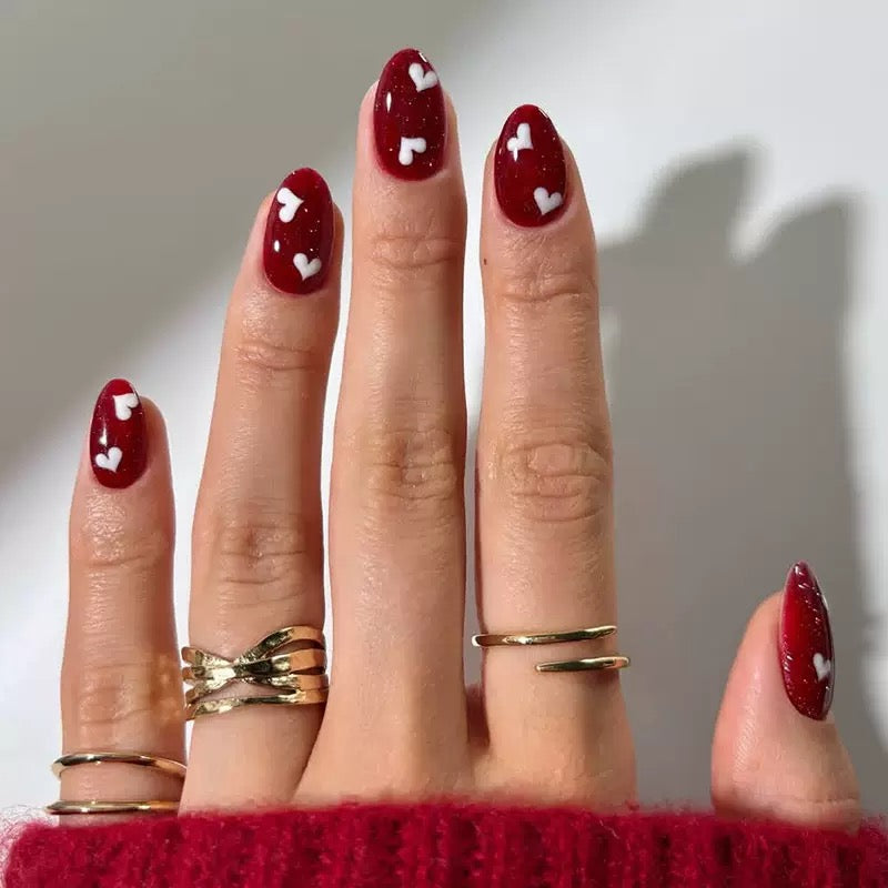 Valentine’s Day Red Cat Eye Almond Press-On Nails | Heart Pattern Solid Color Ice-Transparent Design