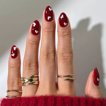 Valentine’s Day Red Cat Eye Almond Press-On Nails | Heart Pattern Solid Color Ice-Transparent Design