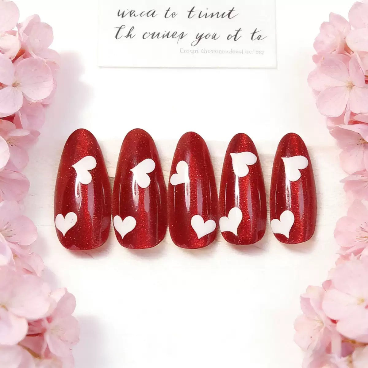 Valentine’s Day Red Cat Eye Almond Press-On Nails | Heart Pattern Solid Color Ice-Transparent Design