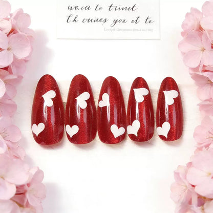 Valentine’s Day Red Cat Eye Almond Press-On Nails | Heart Pattern Solid Color Ice-Transparent Design