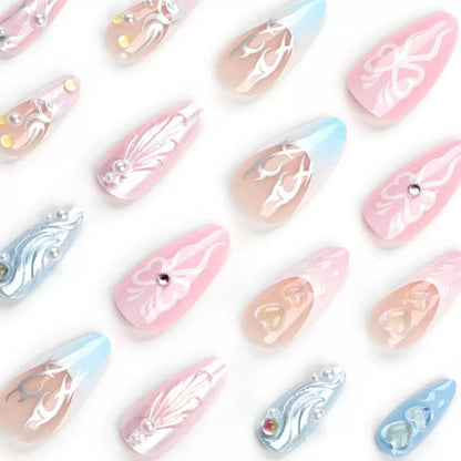 Sweet-Cool Hot Girl Style New 3D Nail Tips with Heart and Bow, Pink Removable Press-On Nails