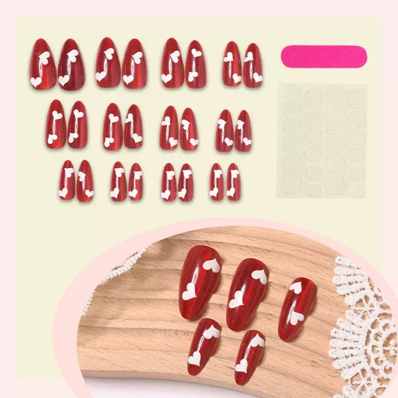 Valentine’s Day Red Cat Eye Almond Press-On Nails | Heart Pattern Solid Color Ice-Transparent Design