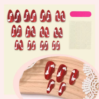 Valentine’s Day Red Cat Eye Almond Press-On Nails | Heart Pattern Solid Color Ice-Transparent Design