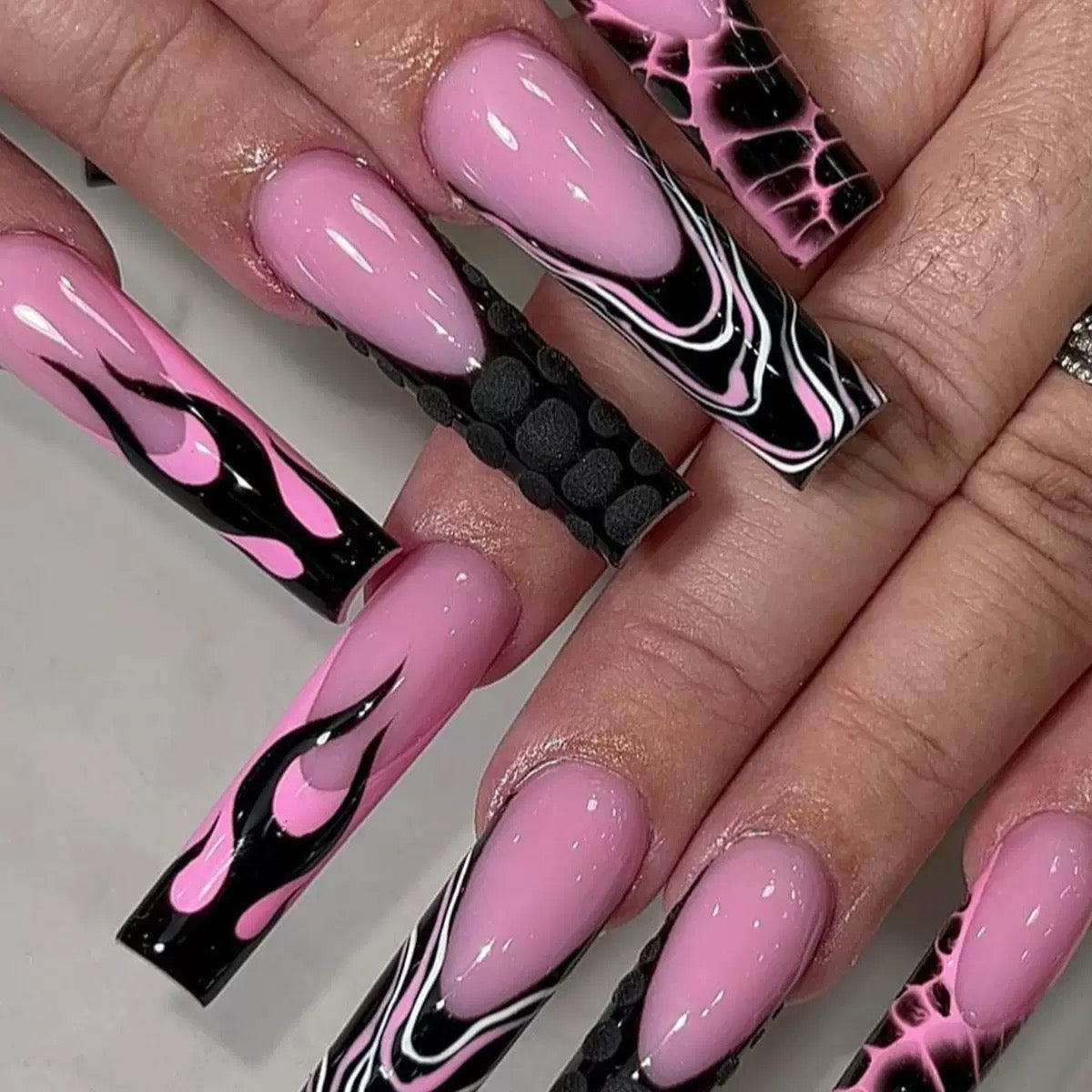 Black Flame French Long Ballet Nails with Black & White Lines, Press-On Nail Tips