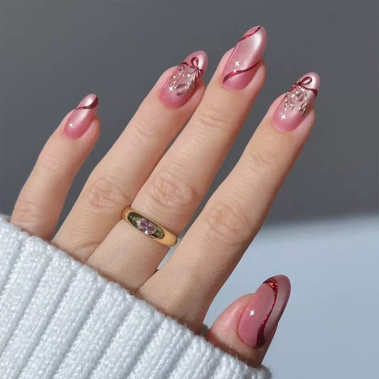 Valentine’s Day Pink Almond Cat Eye Press-On Nails | Gilded Butterfly Bow Design