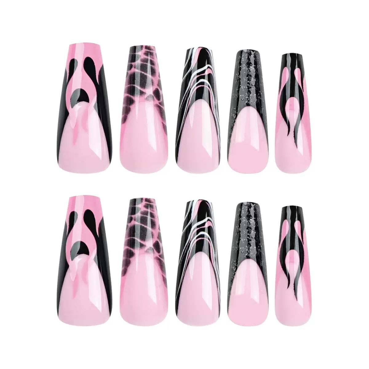 Black Flame French Long Ballet Nails with Black & White Lines, Press-On Nail Tips
