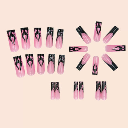 Black Flame French Long Ballet Nails with Black & White Lines, Press-On Nail Tips