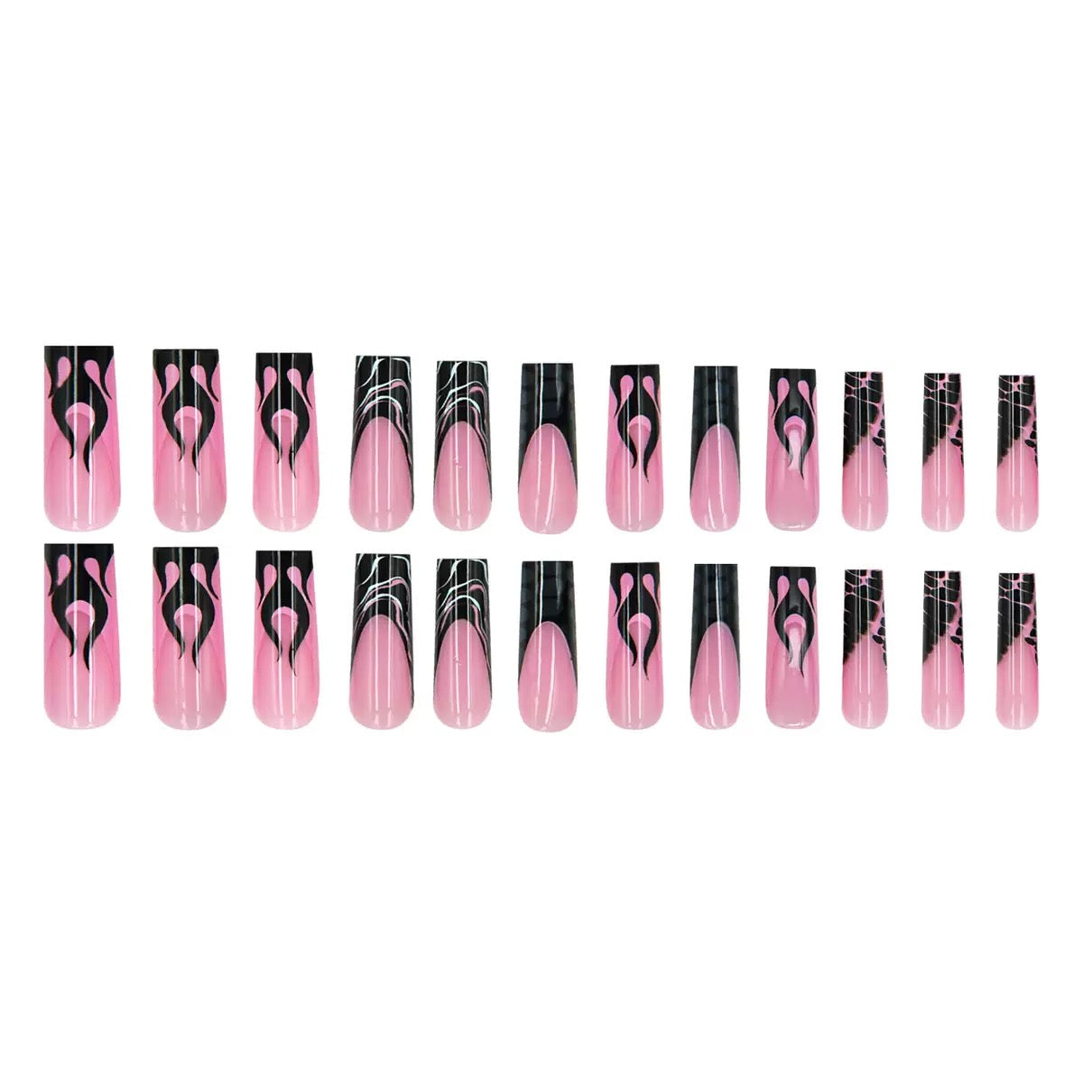 Black Flame French Long Ballet Nails with Black & White Lines, Press-On Nail Tips