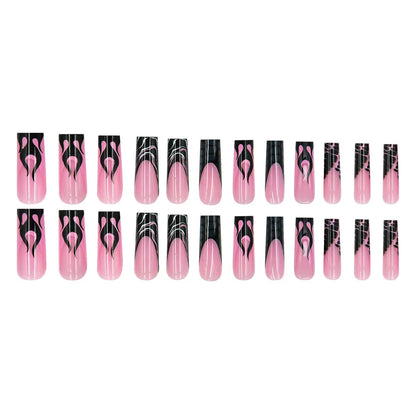 Black Flame French Long Ballet Nails with Black & White Lines, Press-On Nail Tips