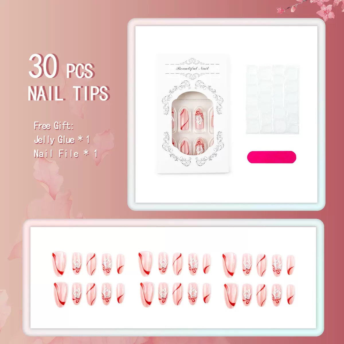 Valentine’s Day Pink Almond Cat Eye Press-On Nails | Gilded Butterfly Bow Design