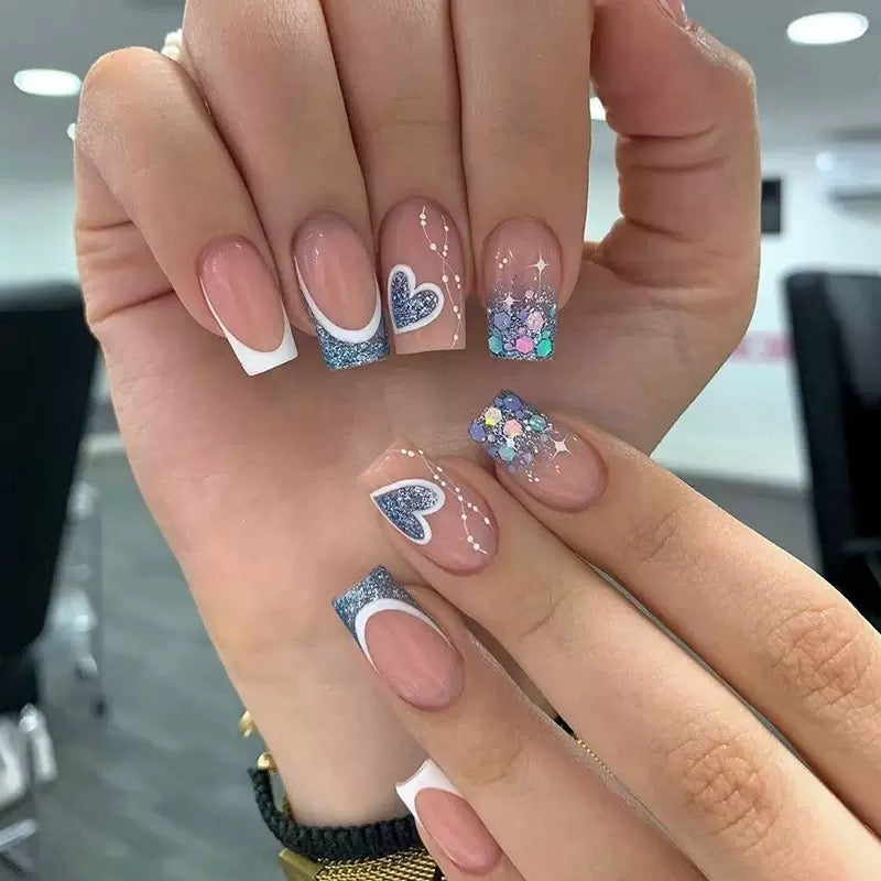 Mid-Length French Glitter Heart Detachable Press-On Nails