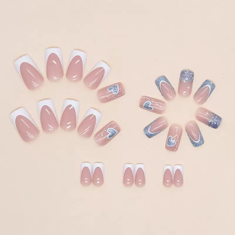Mid-Length French Glitter Heart Detachable Press-On Nails