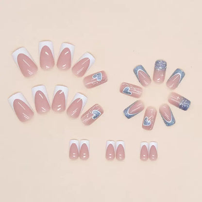 Mid-Length French Glitter Heart Detachable Press-On Nails