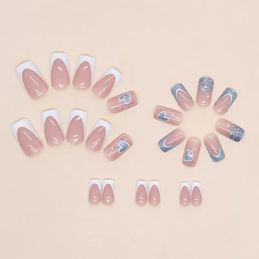 Mid-Length French Glitter Heart Detachable Press-On Nails