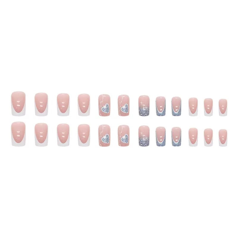 Mid-Length French Glitter Heart Detachable Press-On Nails
