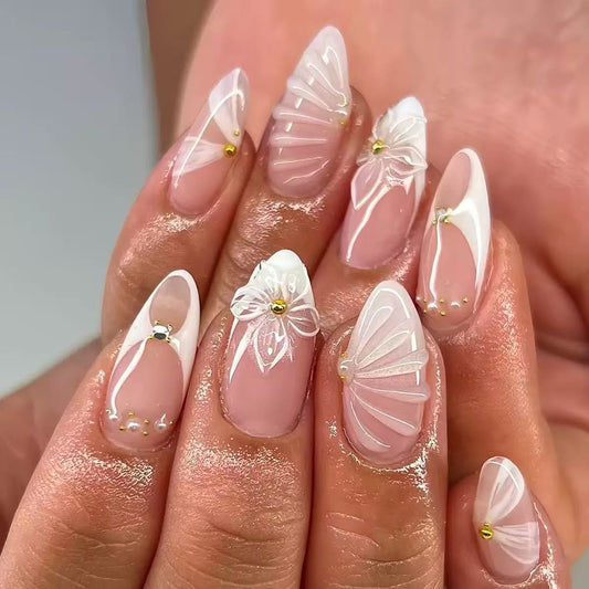 3D Petal Pink Gradient French Short Glossy Almond Press-On Nails