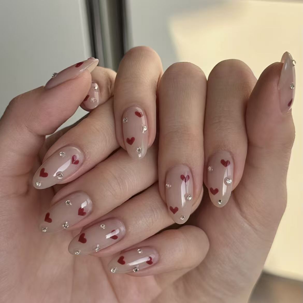 Valentine’s Day Sweet Heart Studded Detachable Press-On Nails | Romantic Style