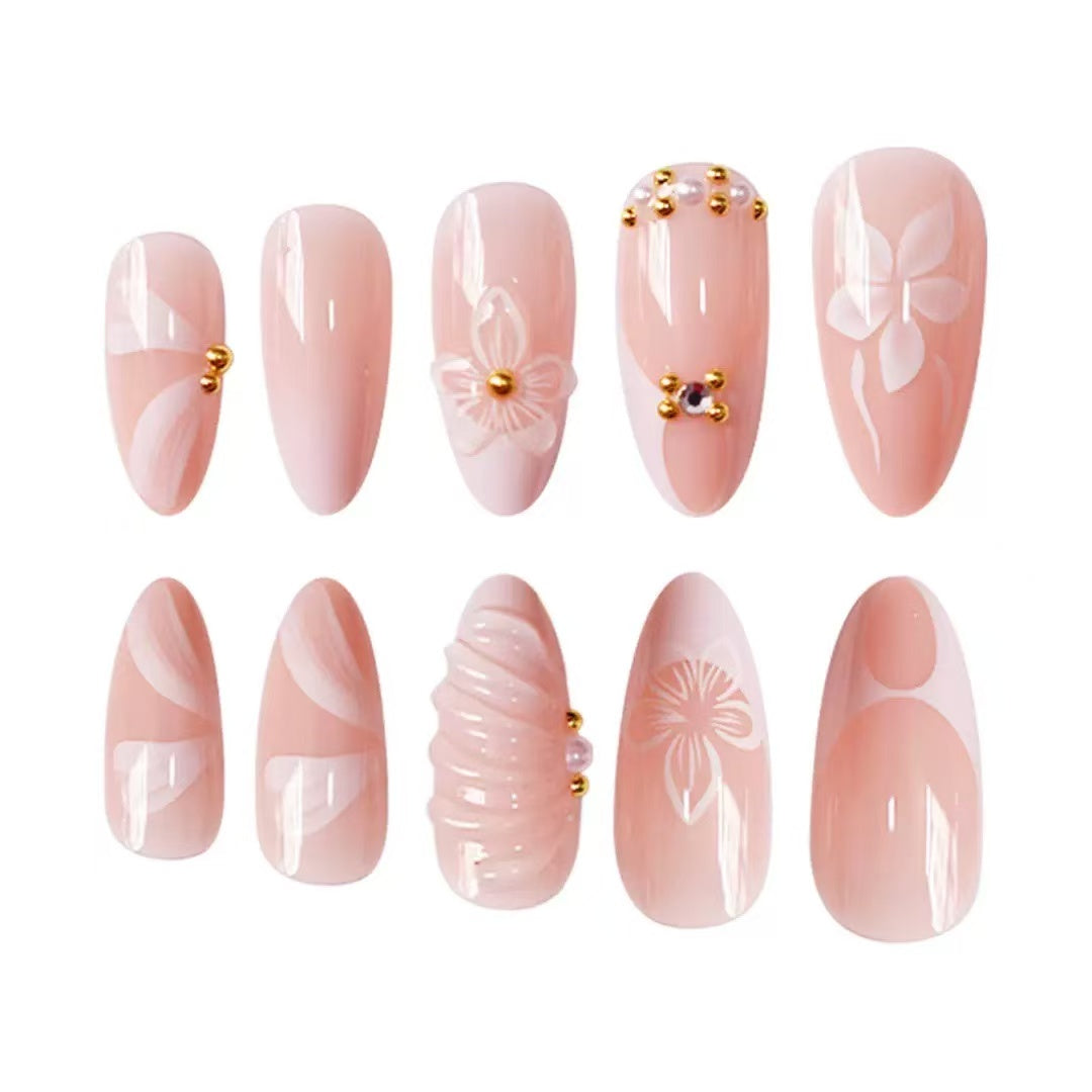 3D Petal Pink Gradient French Short Glossy Almond Press-On Nails