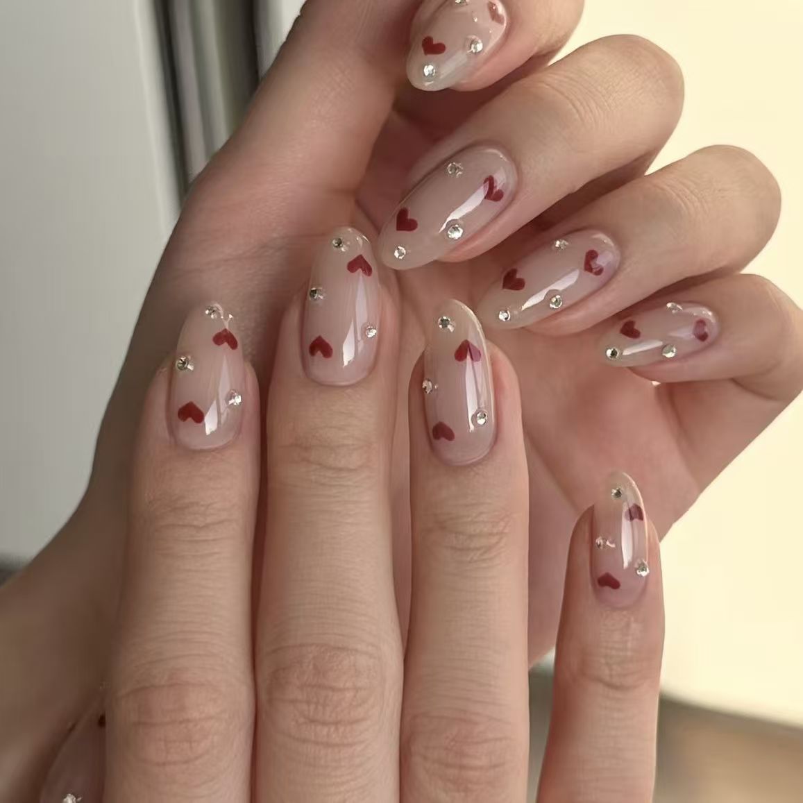 Valentine’s Day Sweet Heart Studded Detachable Press-On Nails | Romantic Style