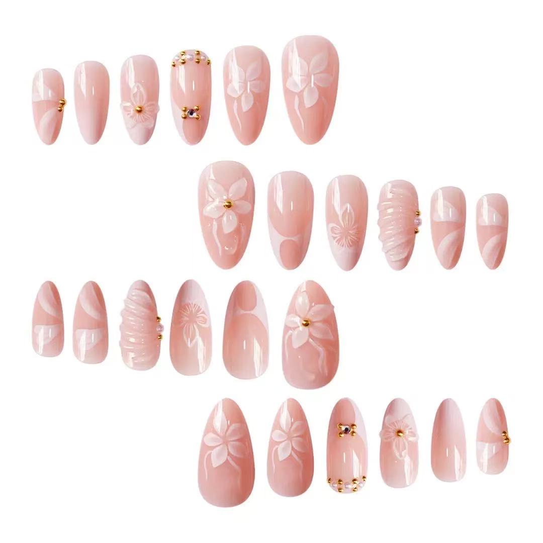 3D Petal Pink Gradient French Short Glossy Almond Press-On Nails