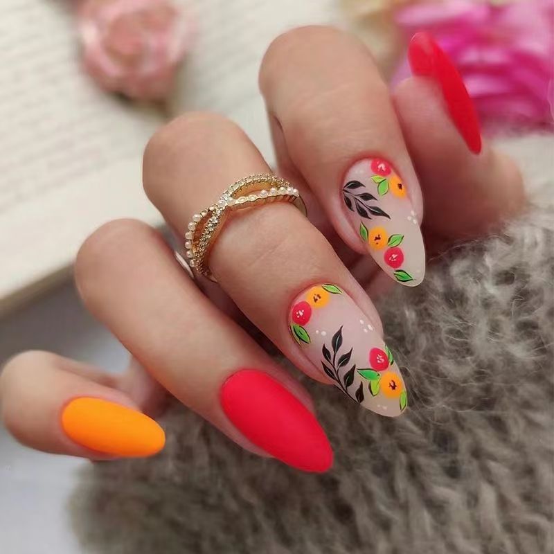 Matte Red and Yellow Small Flower Press-On Nails