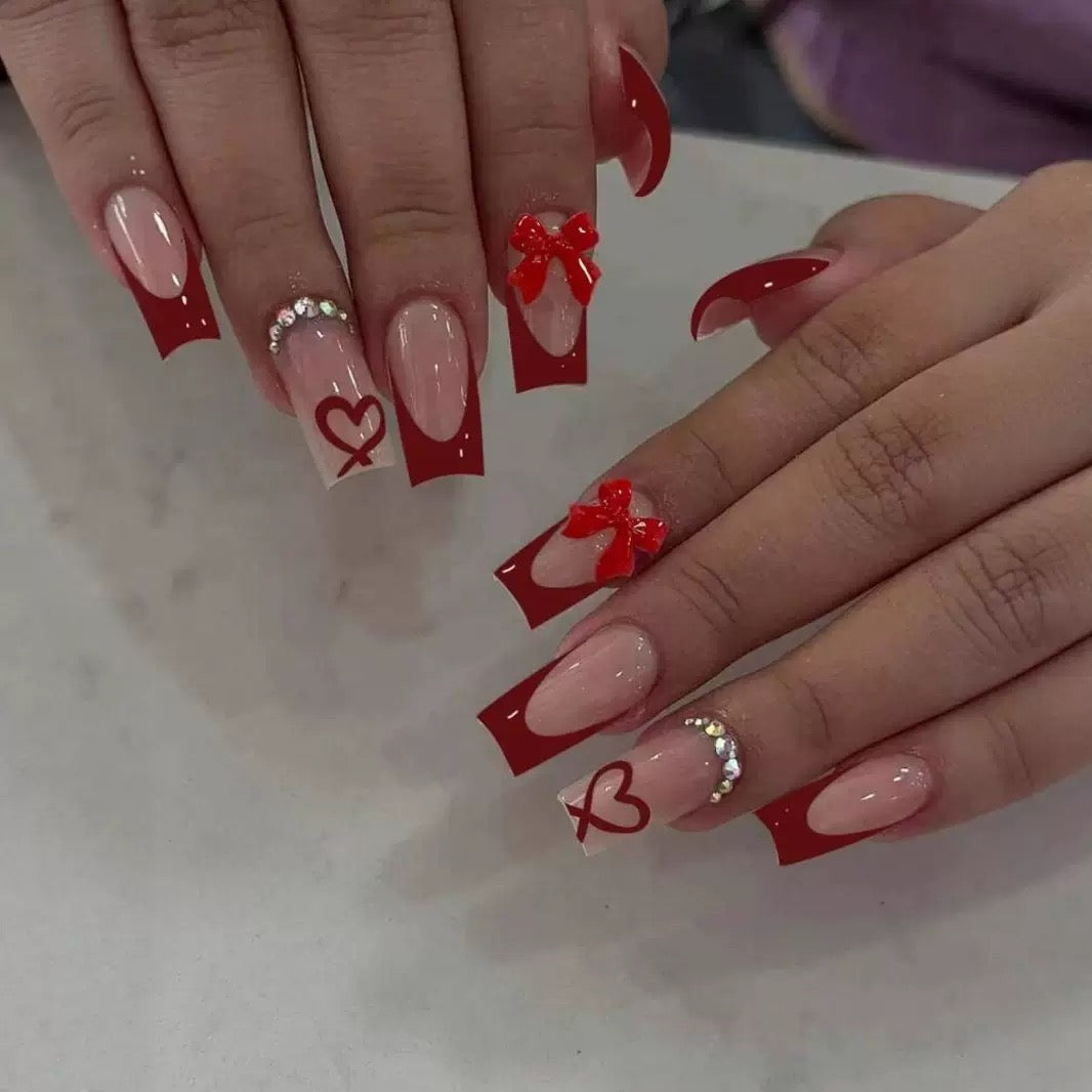 Valentine’s Day French-Style Red Bow & Heart Rhinestone Square Press-On Nails