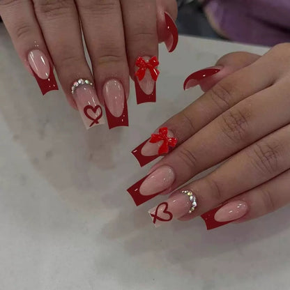 Valentine’s Day French-Style Red Bow & Heart Rhinestone Square Press-On Nails