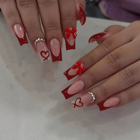 Valentine’s Day French-Style Red Bow & Heart Rhinestone Square Press-On Nails