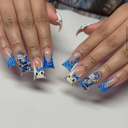 Blue Rhinestone White KITTY Cat Duckbill Press-On Nails