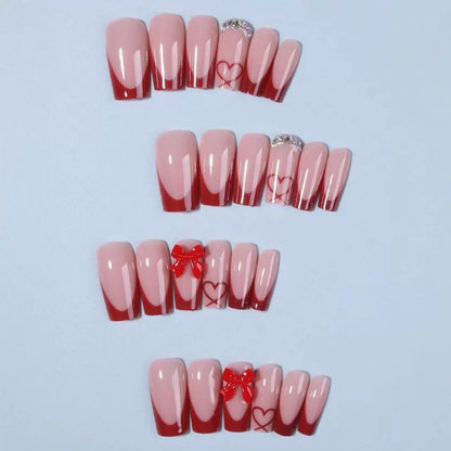 Valentine’s Day French-Style Red Bow & Heart Rhinestone Square Press-On Nails