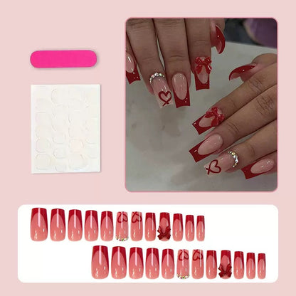 Valentine’s Day French-Style Red Bow & Heart Rhinestone Square Press-On Nails