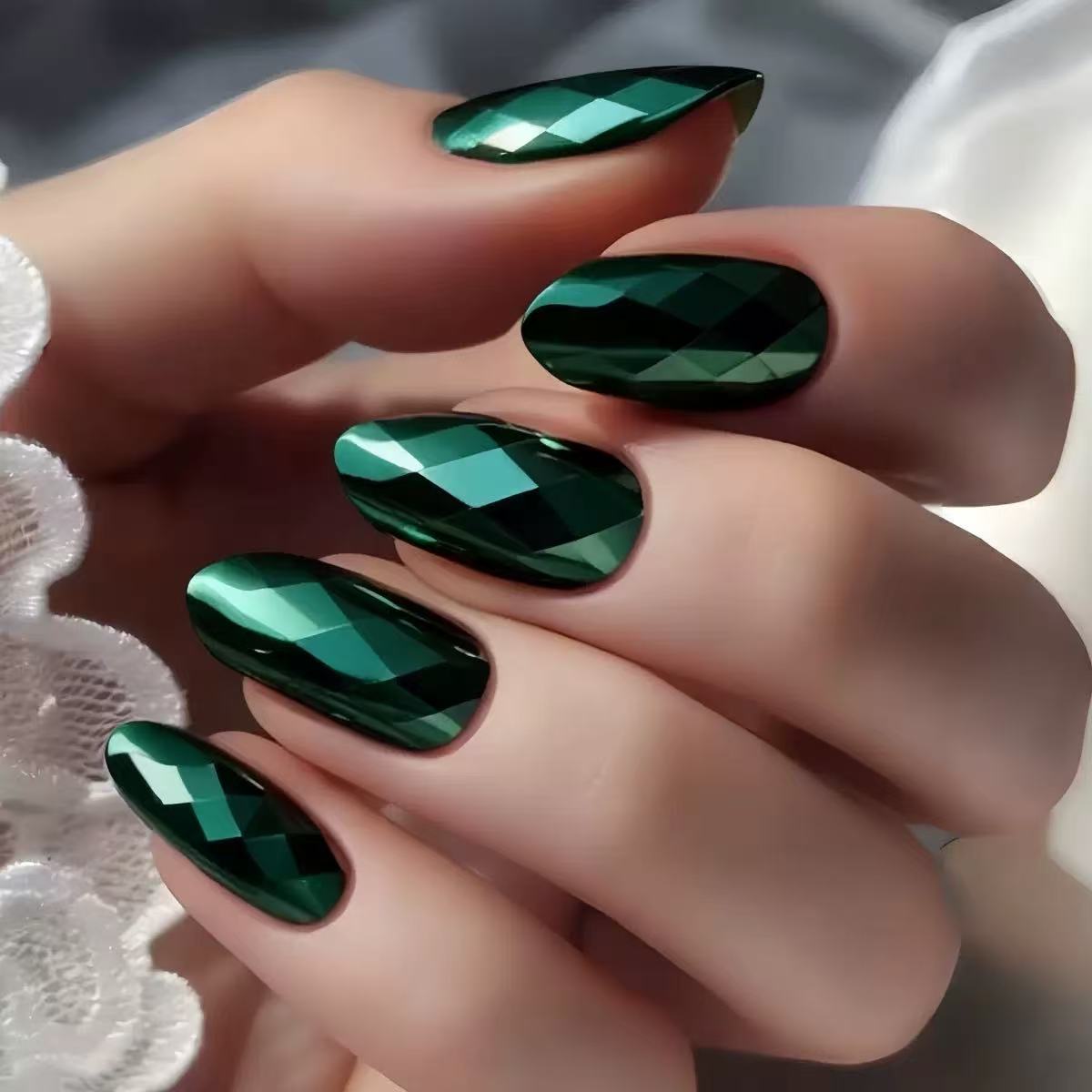 Green-Tone 3D Multi-Faceted Diamond Electroplated Metallic Glossy Round Almond Press-On Nails