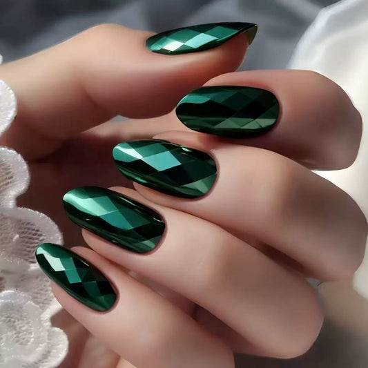 Green-Tone 3D Multi-Faceted Diamond Electroplated Metallic Glossy Round Almond Press-On Nails