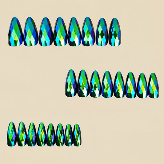 Green-Tone 3D Multi-Faceted Diamond Electroplated Metallic Glossy Round Almond Press-On Nails