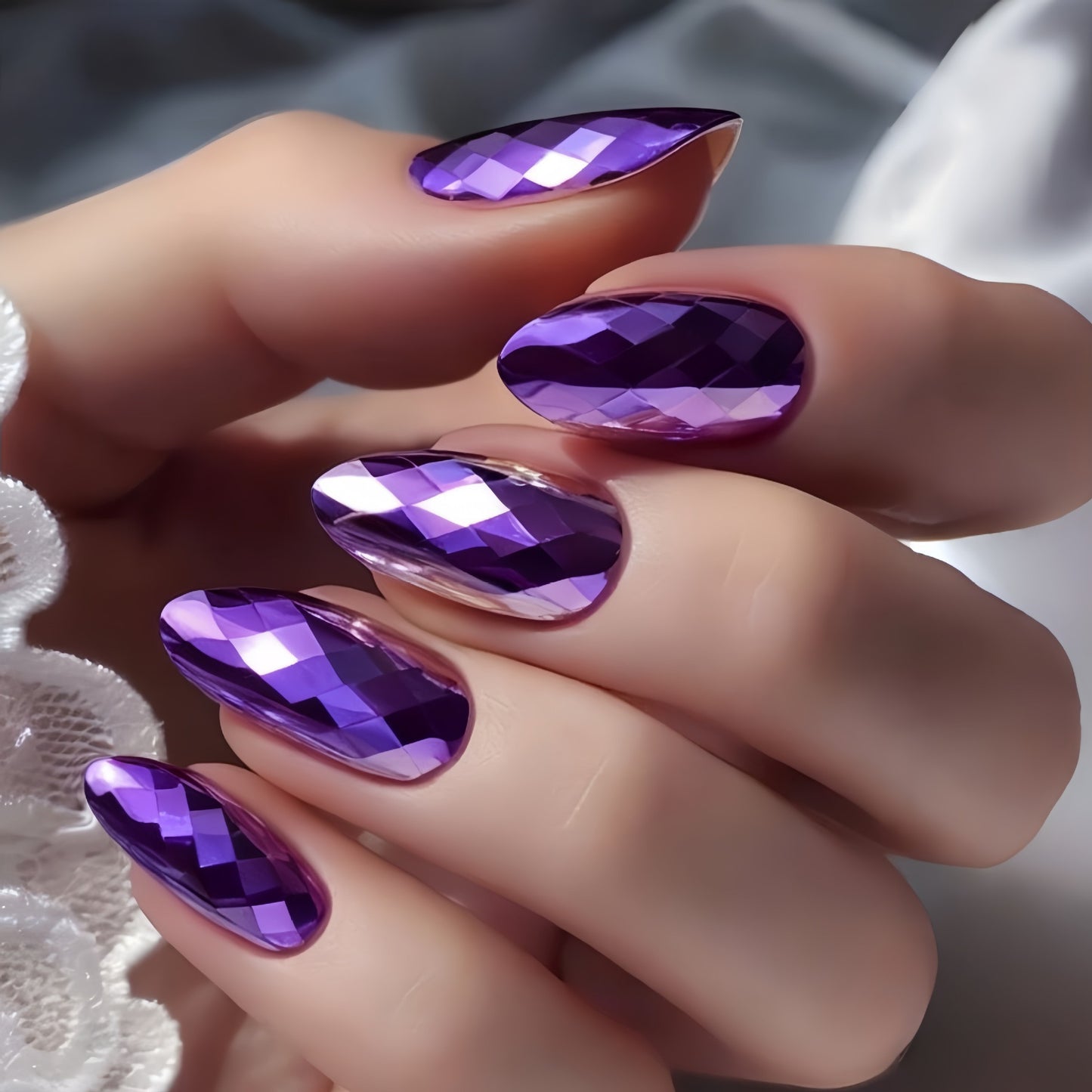 Purple-Tone 3D Multi-Faceted Diamond Electroplated Metallic Glossy Round Almond Press-On Nails